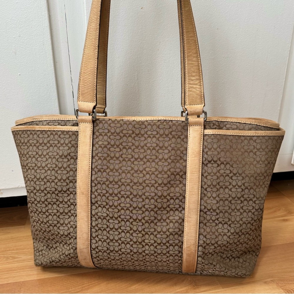 Vintage Coach Y2K Large Signature Canvas Vachetta Leather Tote Bag F77014